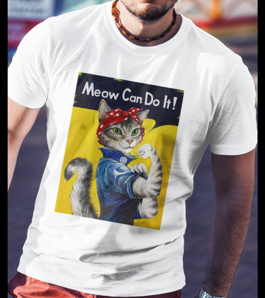 Meow Can Do It Rosie The Riveter Cat Red Bandana T-Shirt