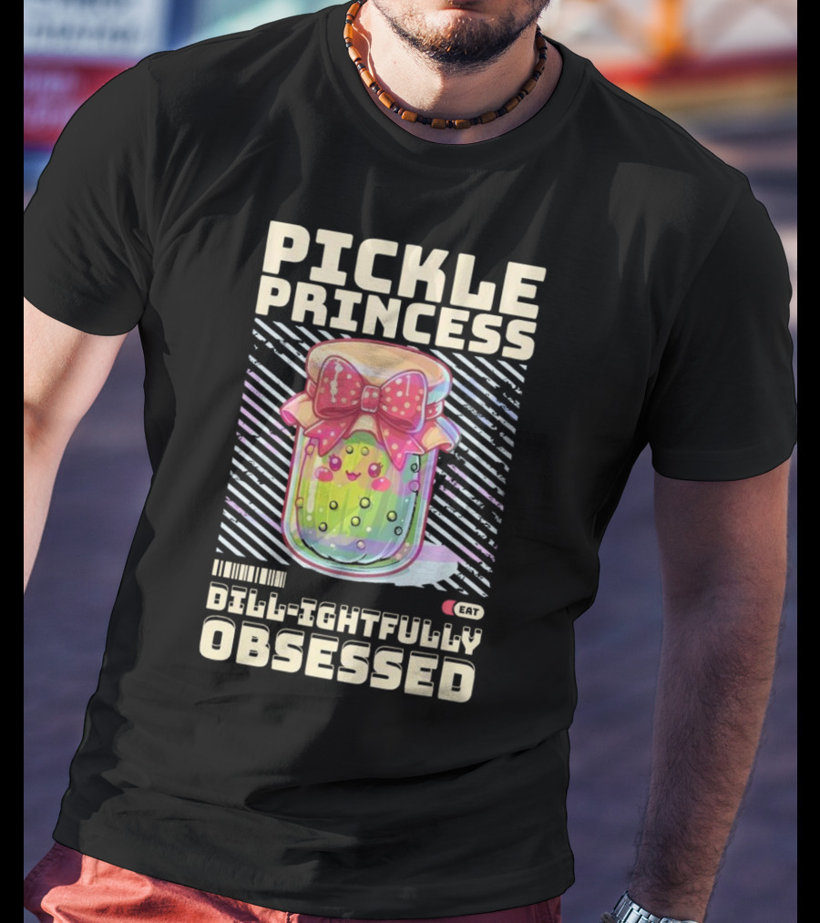 Pickle Princess Dill-ightfully Obsessed Retro Cute Jar With Bow And Barcode Eat T-Shirt