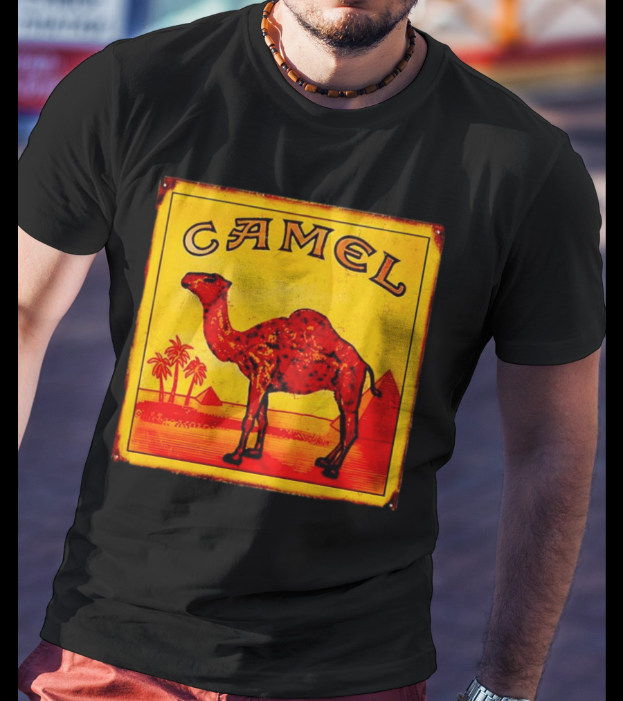 Vintage Camel Cigarettes Logo Yellow Square With Red Camel And Pyramids T-Shirt