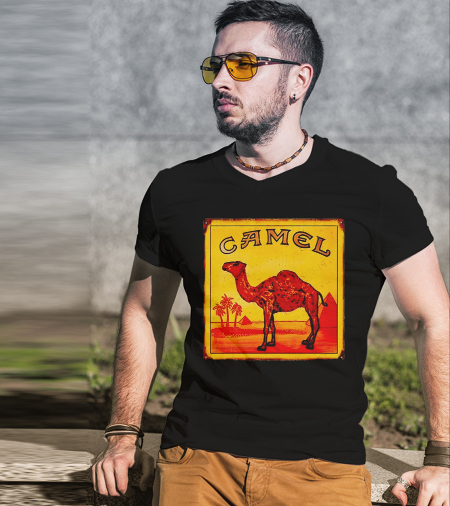Vintage Camel Cigarettes Logo Yellow Square With Red Camel And Pyramids T-Shirt