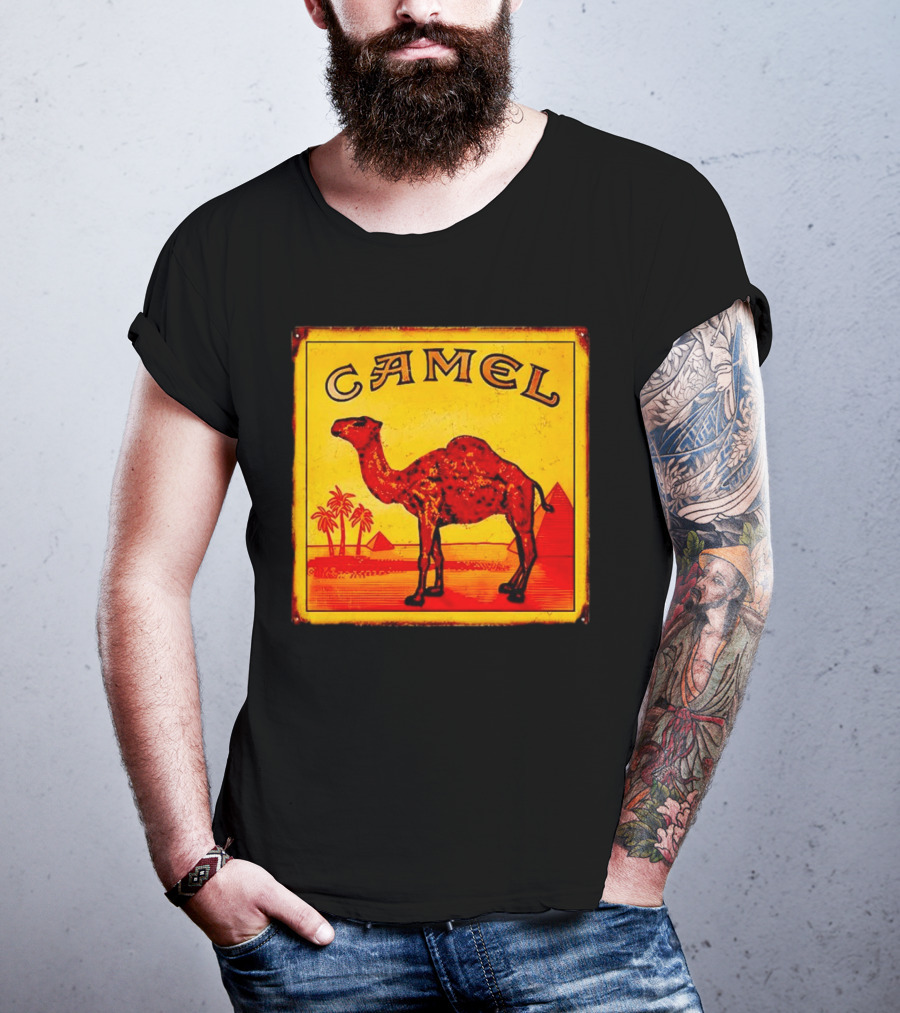 Vintage Camel Cigarettes Logo Yellow Square With Red Camel And Pyramids T-Shirt