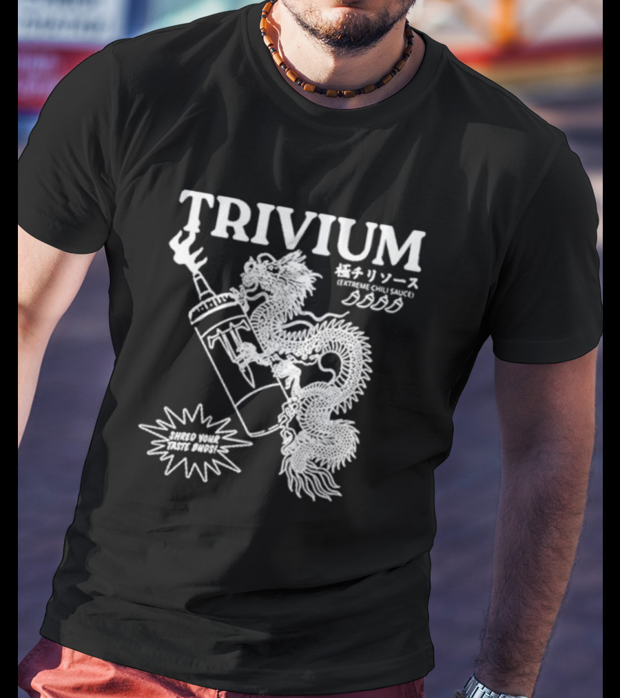 TRIVIUM Extreme Chili Sauce Shred Your Taste Buds Dragon Bottle T-Shirt