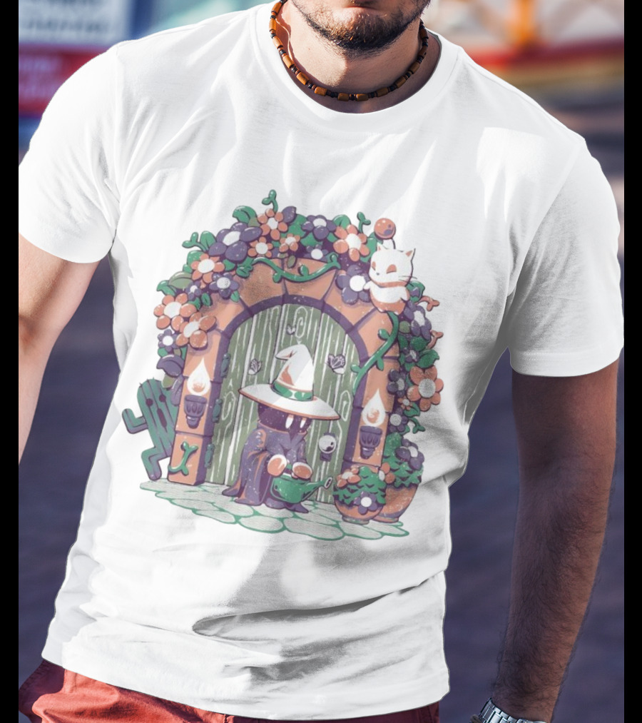 A Gardening Mage And Friends Enchanted Floral Doorway Fantasy Garden Scene T-Shirt