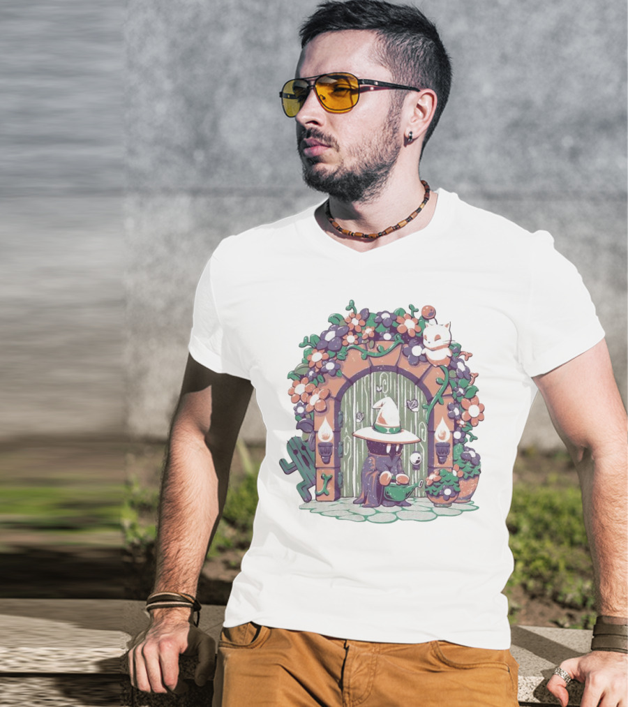 A Gardening Mage And Friends Enchanted Floral Doorway Fantasy Garden Scene T-Shirt