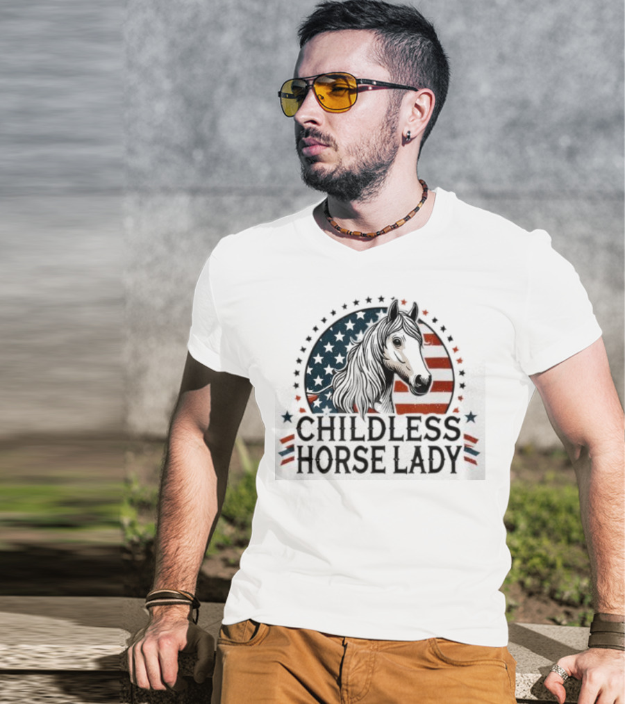 Childless Horse Lady American Flag Cowgirl Equine T-Shirt