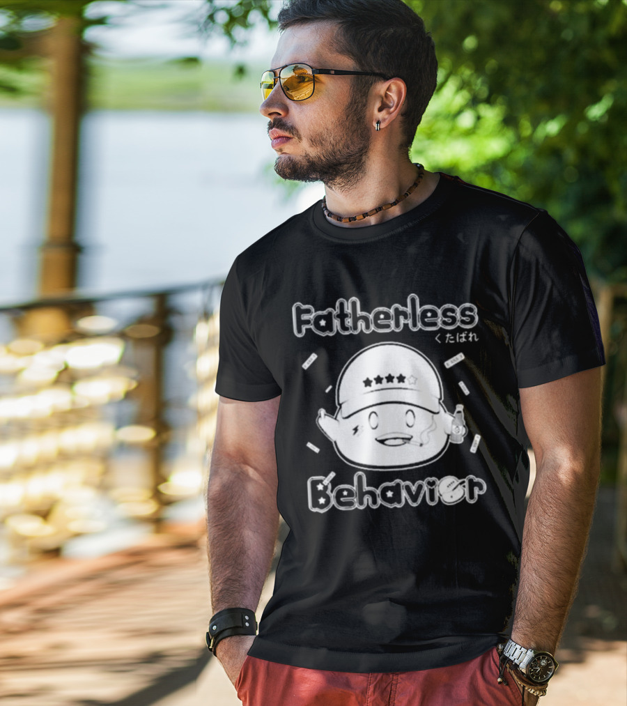 Fatherless Behavior Cute Character Holding Drink With Japanese Text くたばれ T-Shirt