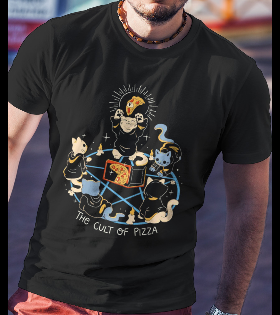 The Cult Of Pizza Cats Summoning Ceremony With Illuminated Slice And Mystical Blue Pentagram T-Shirt