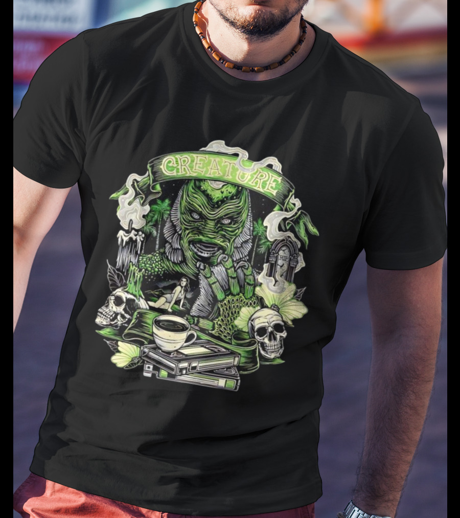 Creature From The Black Lagoon Gill-man Illustrated With Skulls, Books, And Coffee Cup T-Shirt