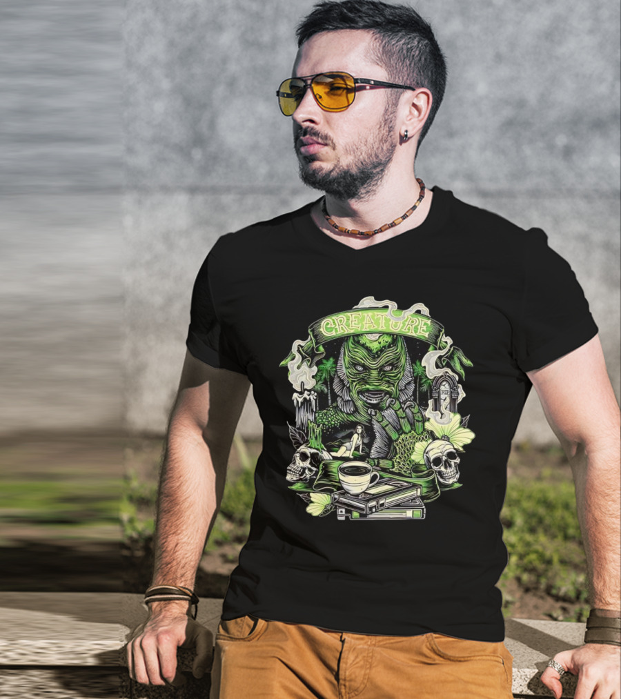 Creature From The Black Lagoon Gill-man Illustrated With Skulls, Books, And Coffee Cup T-Shirt