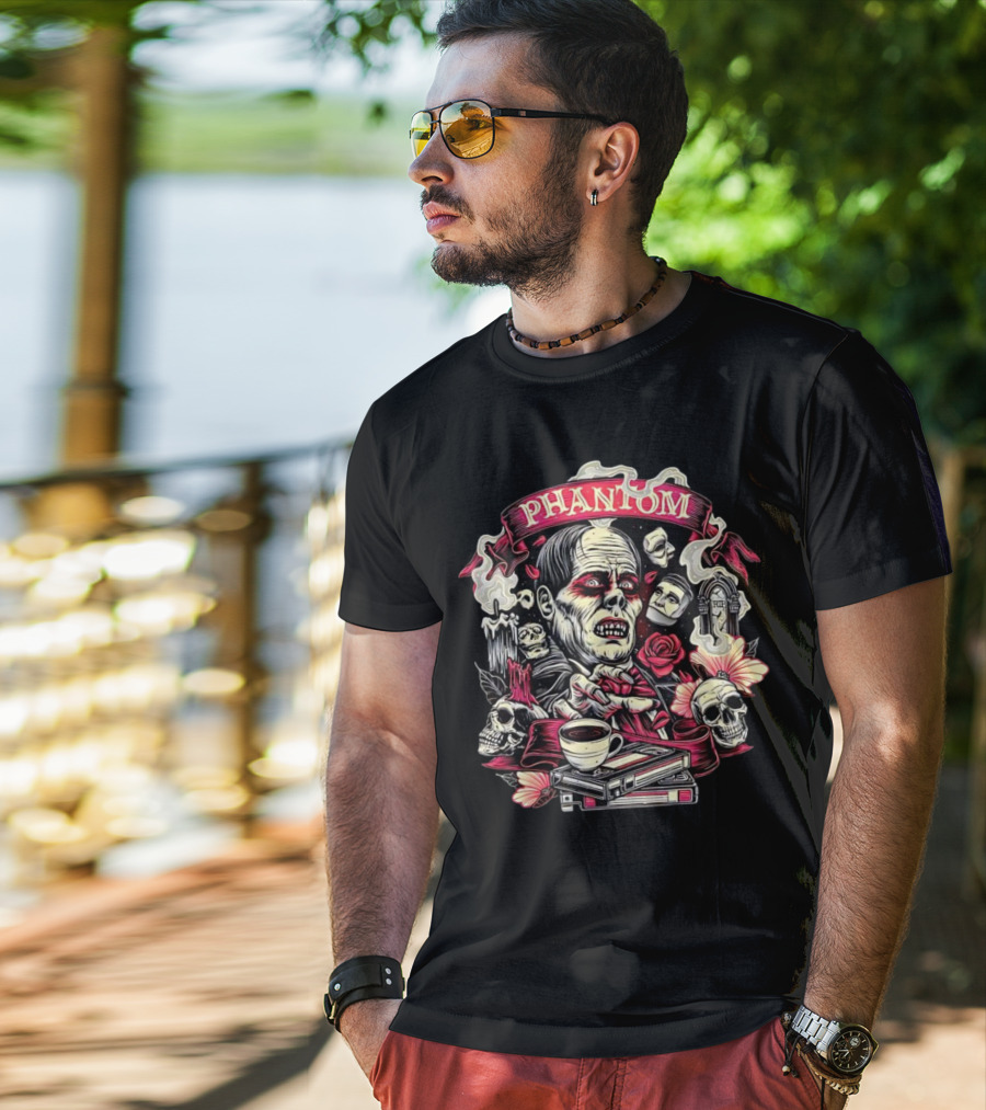 Phantom Of The Opera The Many Faces Of The Phantom With Skulls, Roses, And Coffee Cup T-Shirt