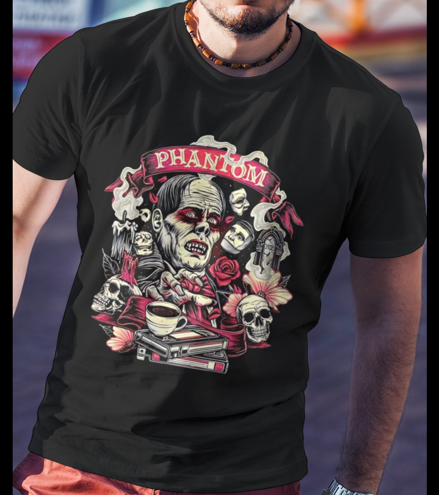Phantom Of The Opera The Many Faces Of The Phantom With Skulls, Roses, And Coffee Cup T-Shirt