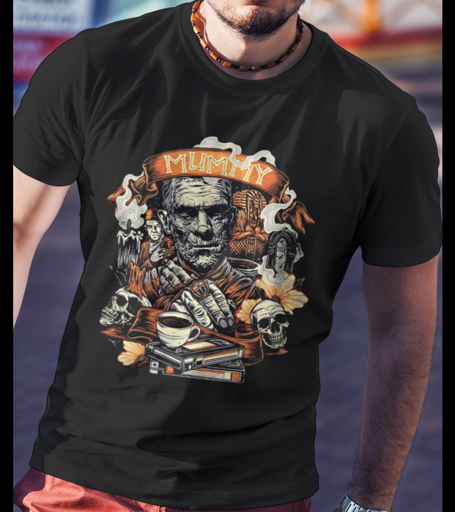 Mummy Vintage Horror Scene With Skulls And Coffee T-Shirt