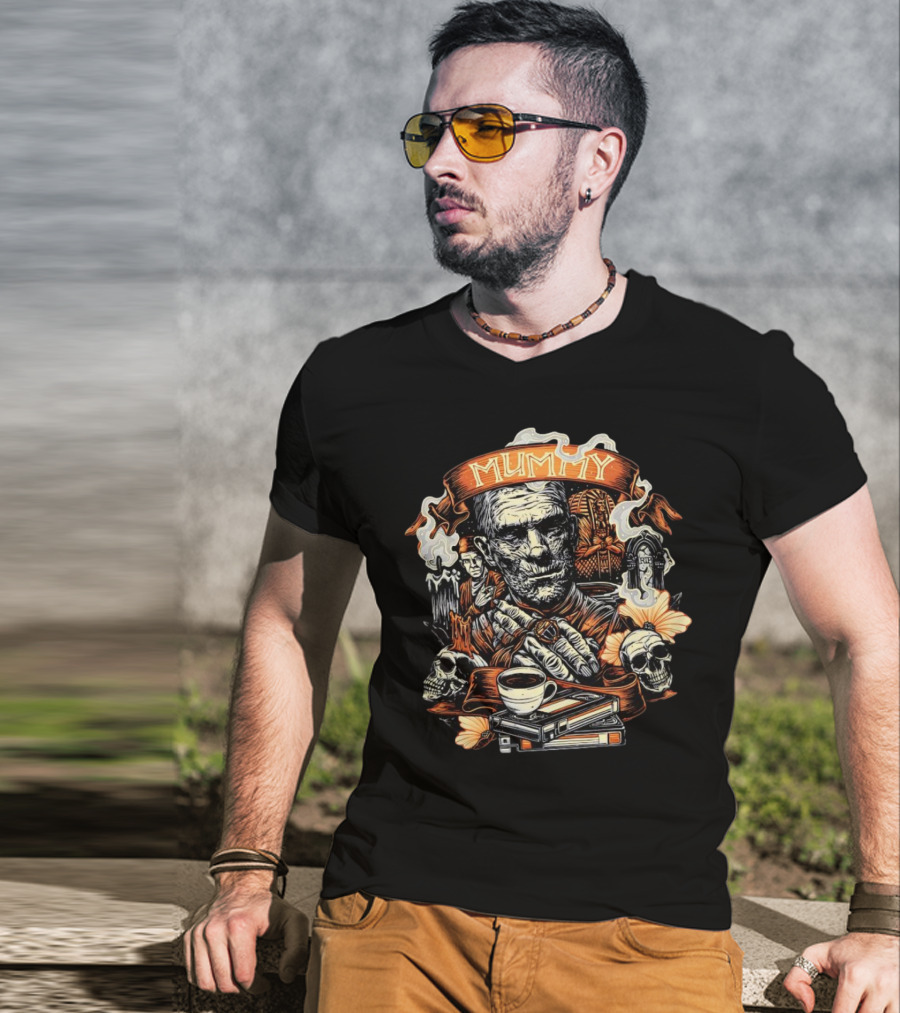 Mummy Vintage Horror Scene With Skulls And Coffee T-Shirt