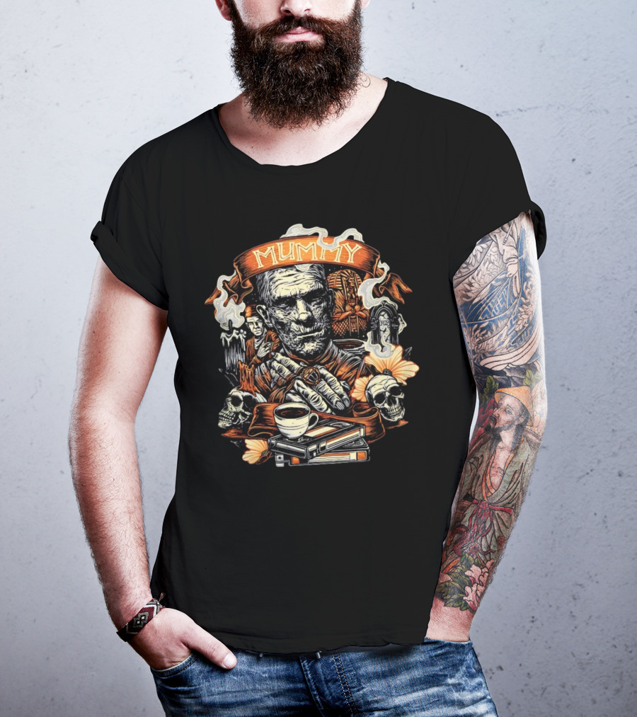Mummy Vintage Horror Scene With Skulls And Coffee T-Shirt