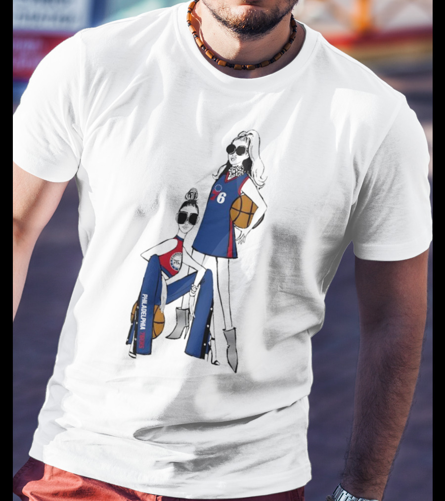 Philadelphia 76ers G-III 4Her Basketball Girls Fitted Blue And Red 76 Jersey And Pants With Basketball T-Shirt