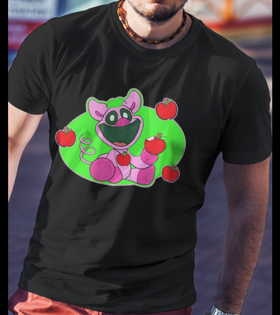 Pickypiggy Smiling Critters Happy Pig Eating Apples T-Shirt
