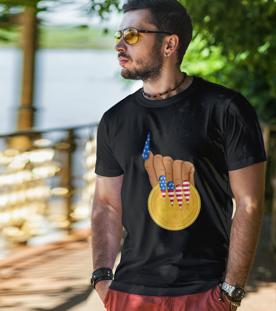 USA Gold Medal Hand With American Flag Nails T-Shirt