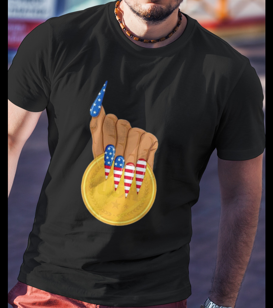 USA Gold Medal Hand With American Flag Nails T-Shirt