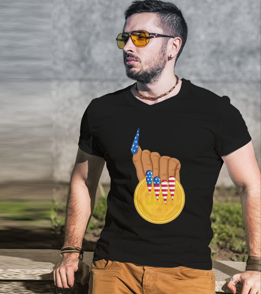 USA Gold Medal Hand With American Flag Nails T-Shirt
