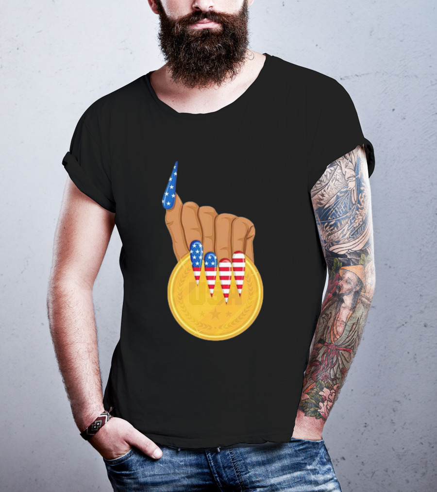 USA Gold Medal Hand With American Flag Nails T-Shirt