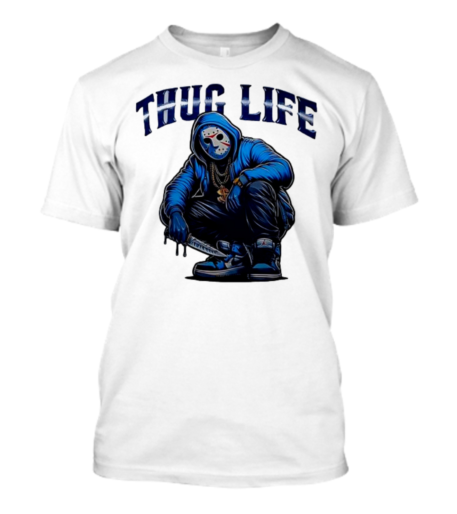 Thug Life Masked Man Sitting With Knife In Blue Hoodie And Sneakers T-Shirt