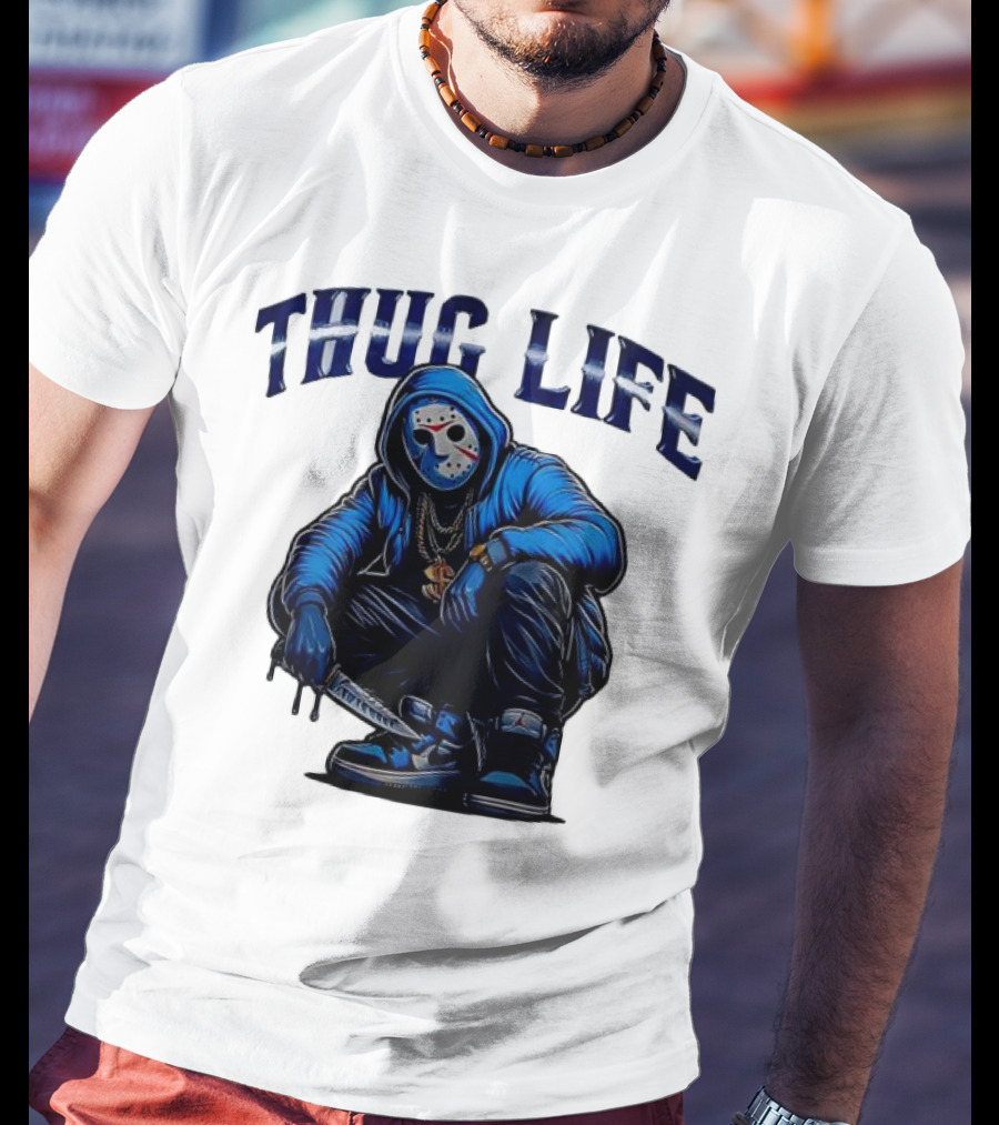 Thug Life Masked Man Sitting With Knife In Blue Hoodie And Sneakers T-Shirt