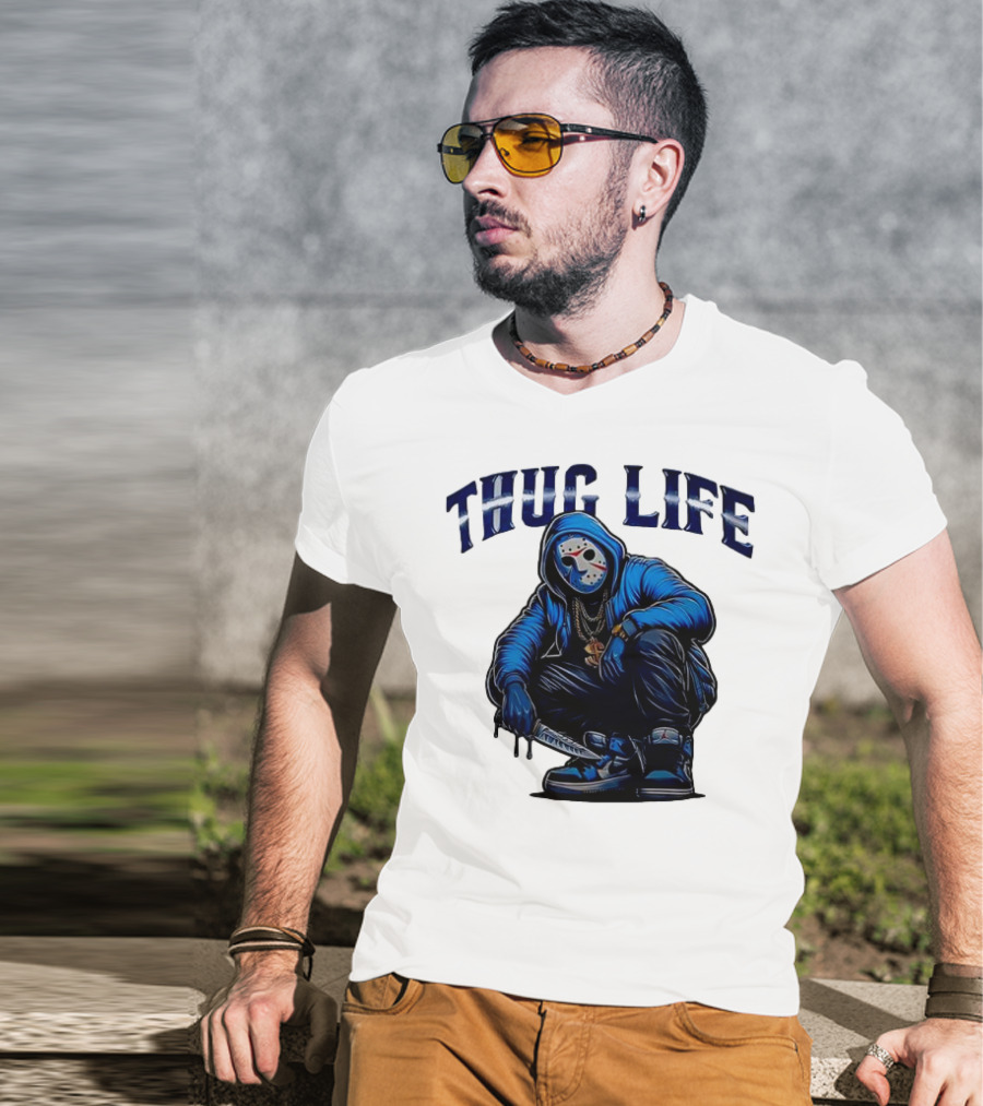 Thug Life Masked Man Sitting With Knife In Blue Hoodie And Sneakers T-Shirt