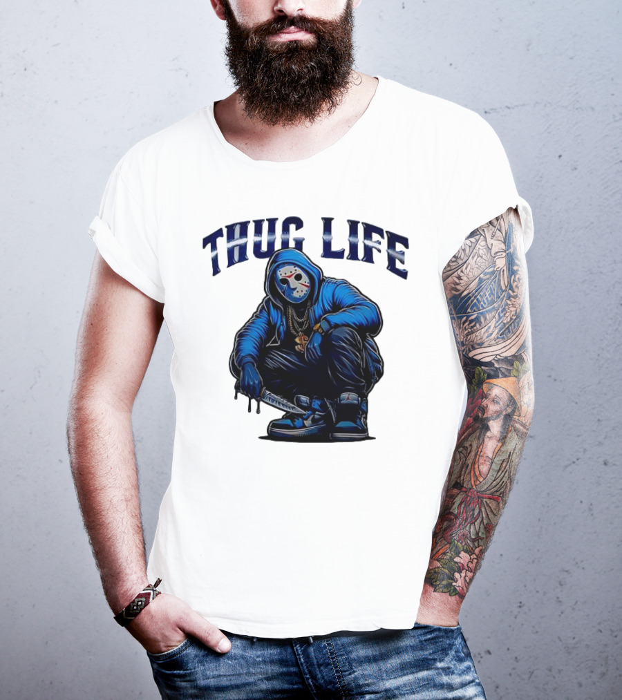 Thug Life Masked Man Sitting With Knife In Blue Hoodie And Sneakers T-Shirt