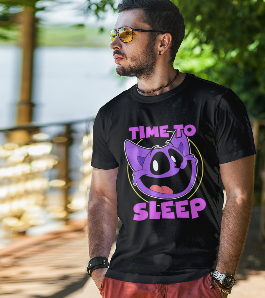 Time To Sleep Purple Cat Cartoon Face T-Shirt