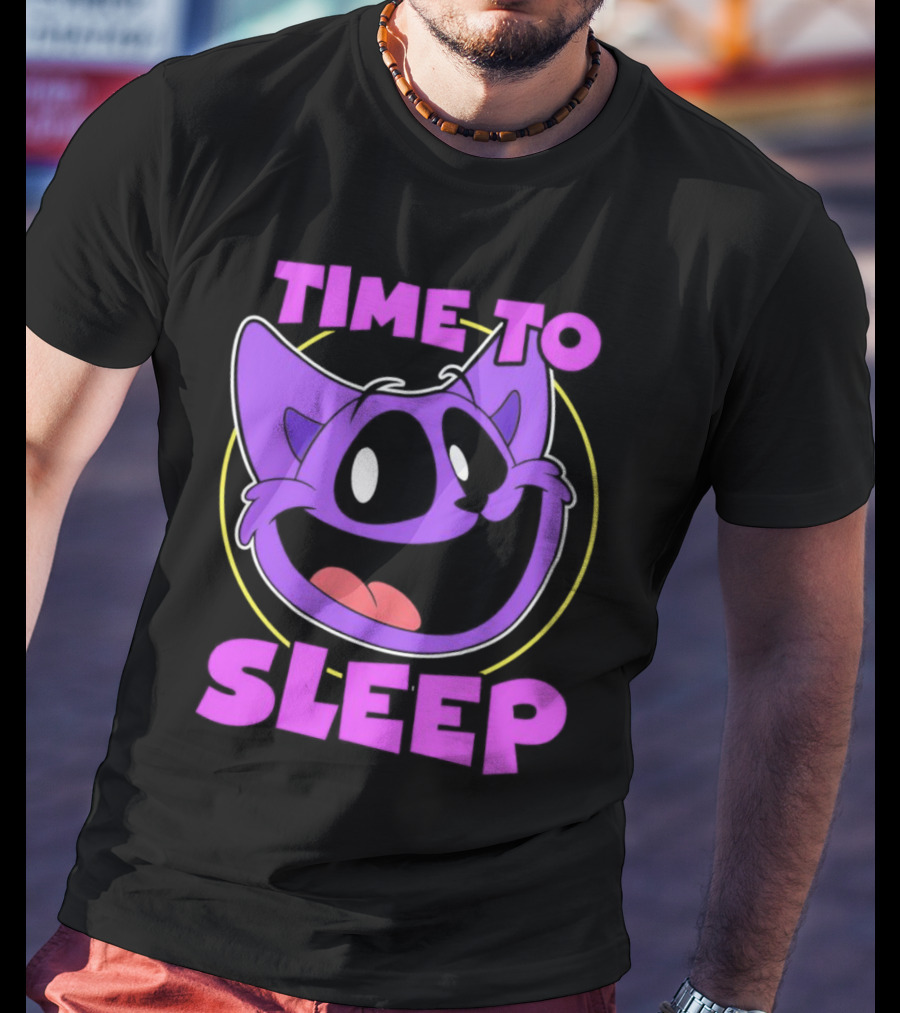 Time To Sleep Purple Cat Cartoon Face T-Shirt