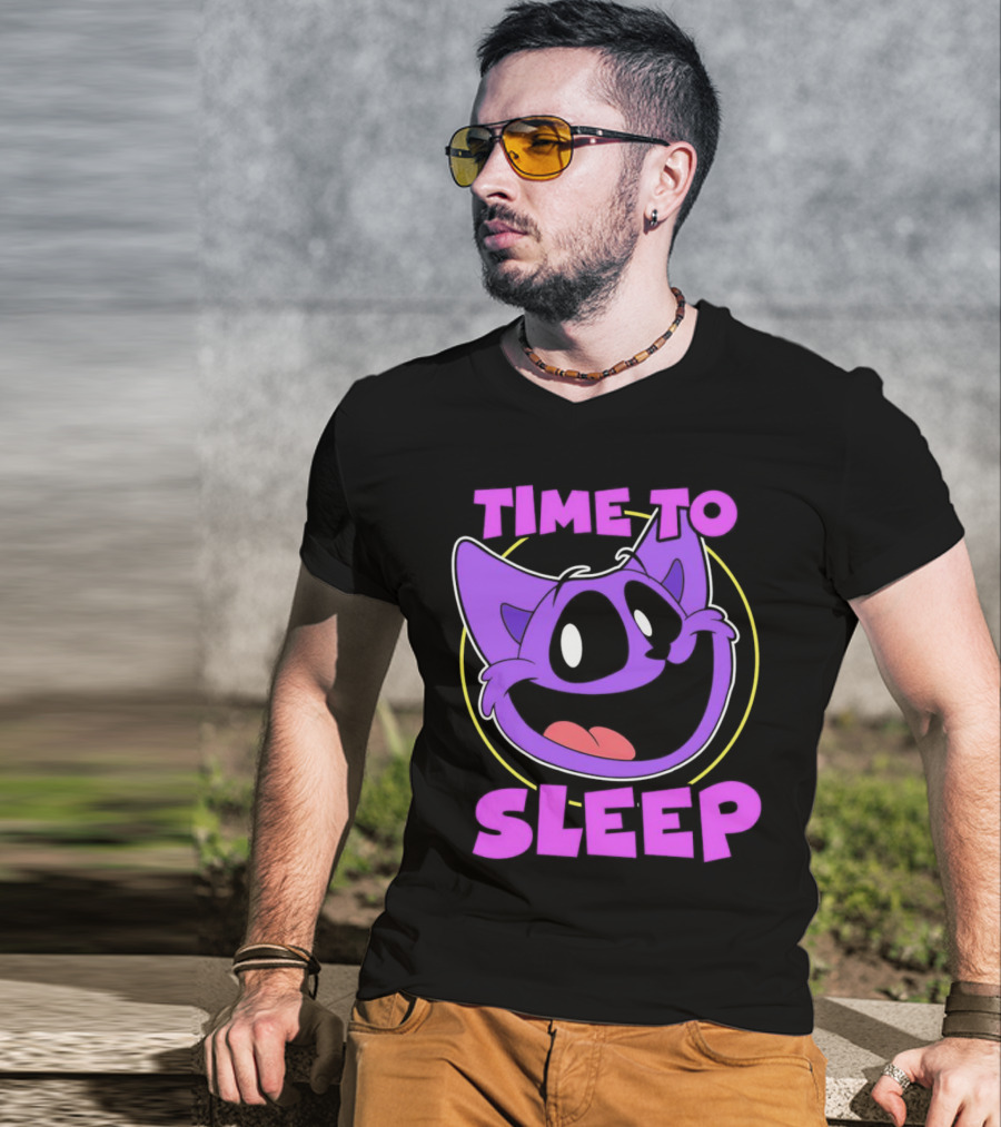 Time To Sleep Purple Cat Cartoon Face T-Shirt