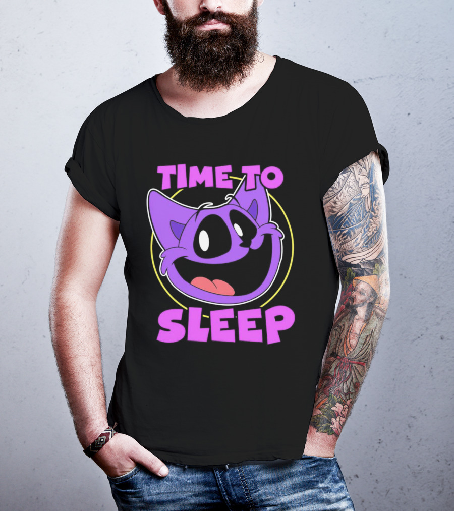 Time To Sleep Purple Cat Cartoon Face T-Shirt