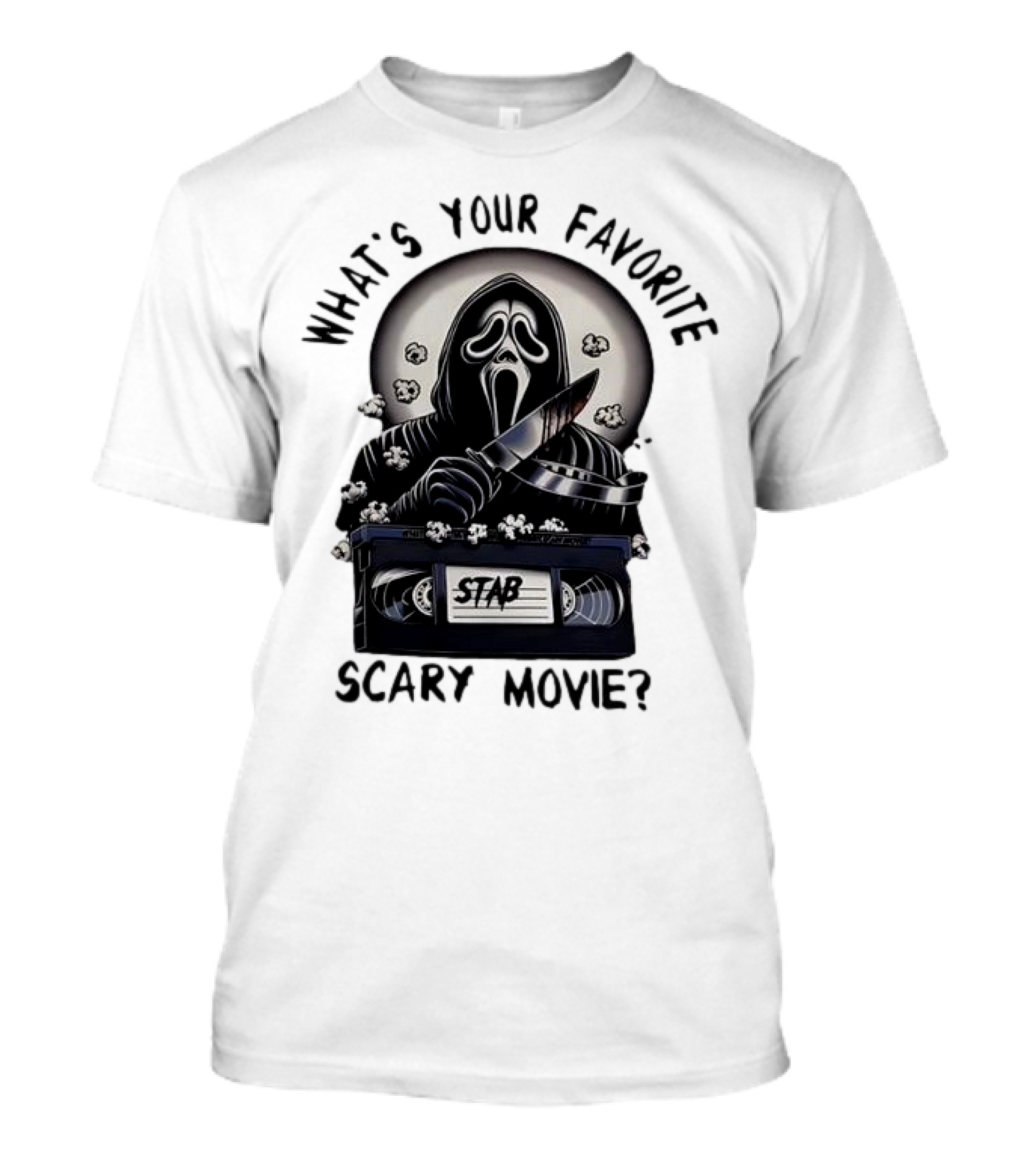 What's Your Favorite Scary Movie Ghostface Stab VHS Popcorn T-Shirt