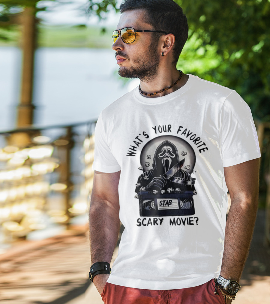 What's Your Favorite Scary Movie Ghostface Stab VHS Popcorn T-Shirt