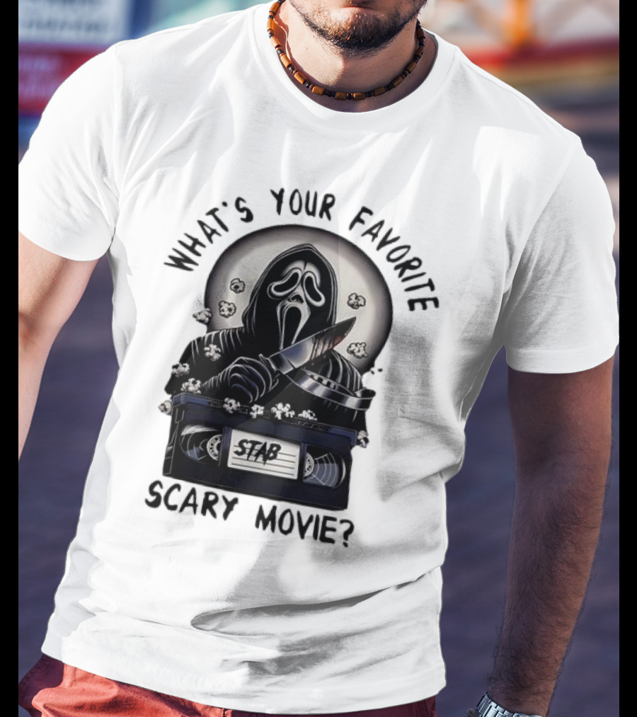 What's Your Favorite Scary Movie Ghostface Stab VHS Popcorn T-Shirt