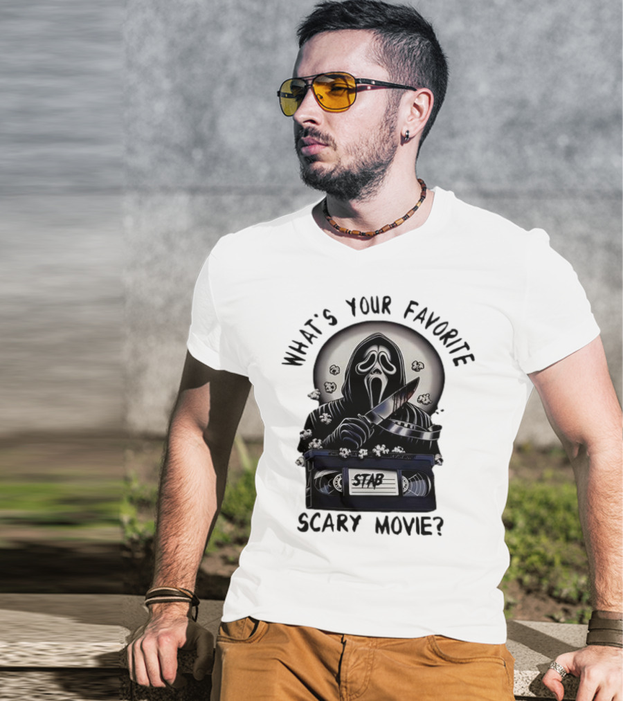 What's Your Favorite Scary Movie Ghostface Stab VHS Popcorn T-Shirt