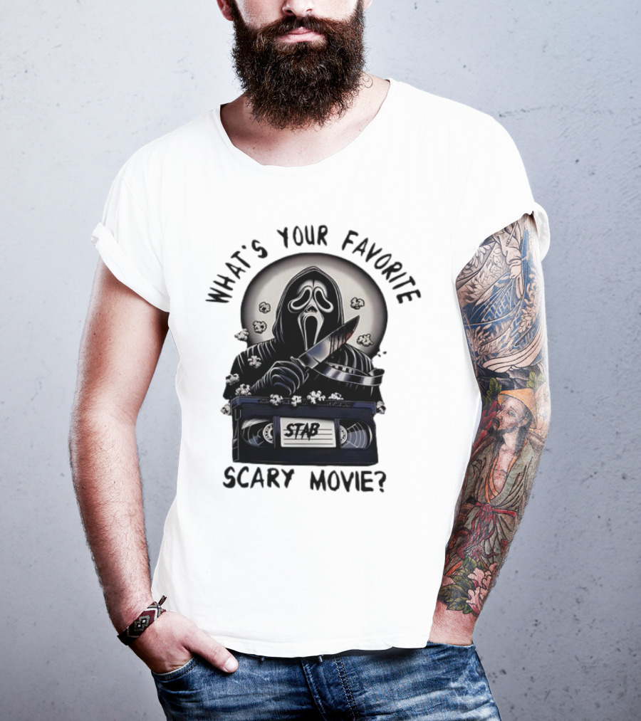 What's Your Favorite Scary Movie Ghostface Stab VHS Popcorn T-Shirt