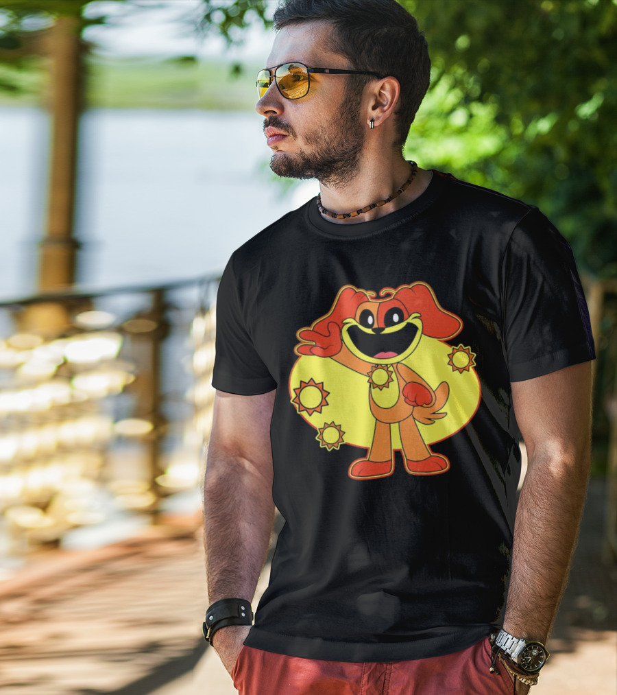 Dogday Smiling Critters Cheerful Cartoon Dog With Sun Icons T-Shirt