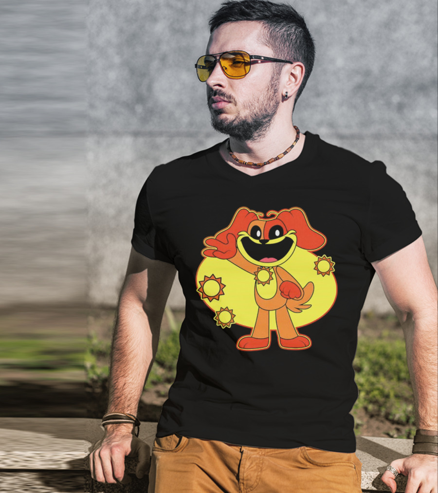 Dogday Smiling Critters Cheerful Cartoon Dog With Sun Icons T-Shirt