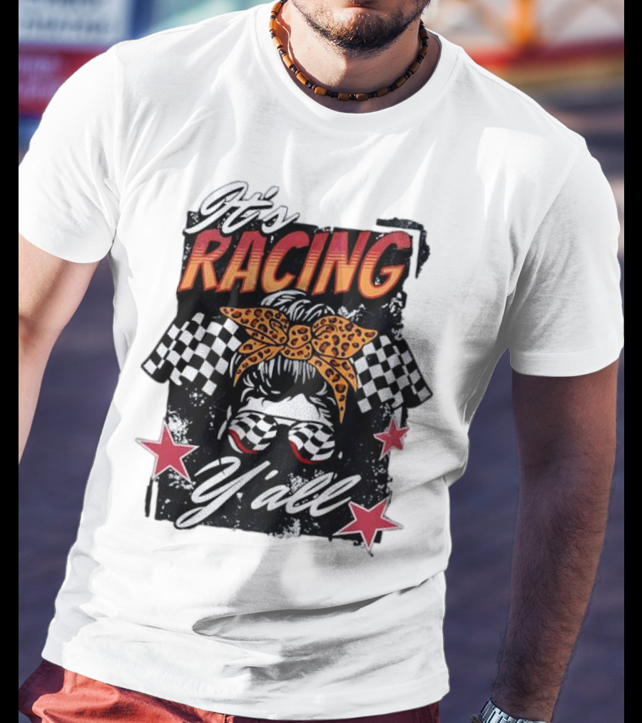 It's Racing Y'all Racing Girl Checkered Flag Leopard Print Bow T-Shirt