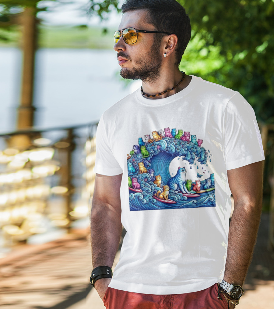 Cats Surfing In A Colorful Wave Bringing Joy T-Shirt