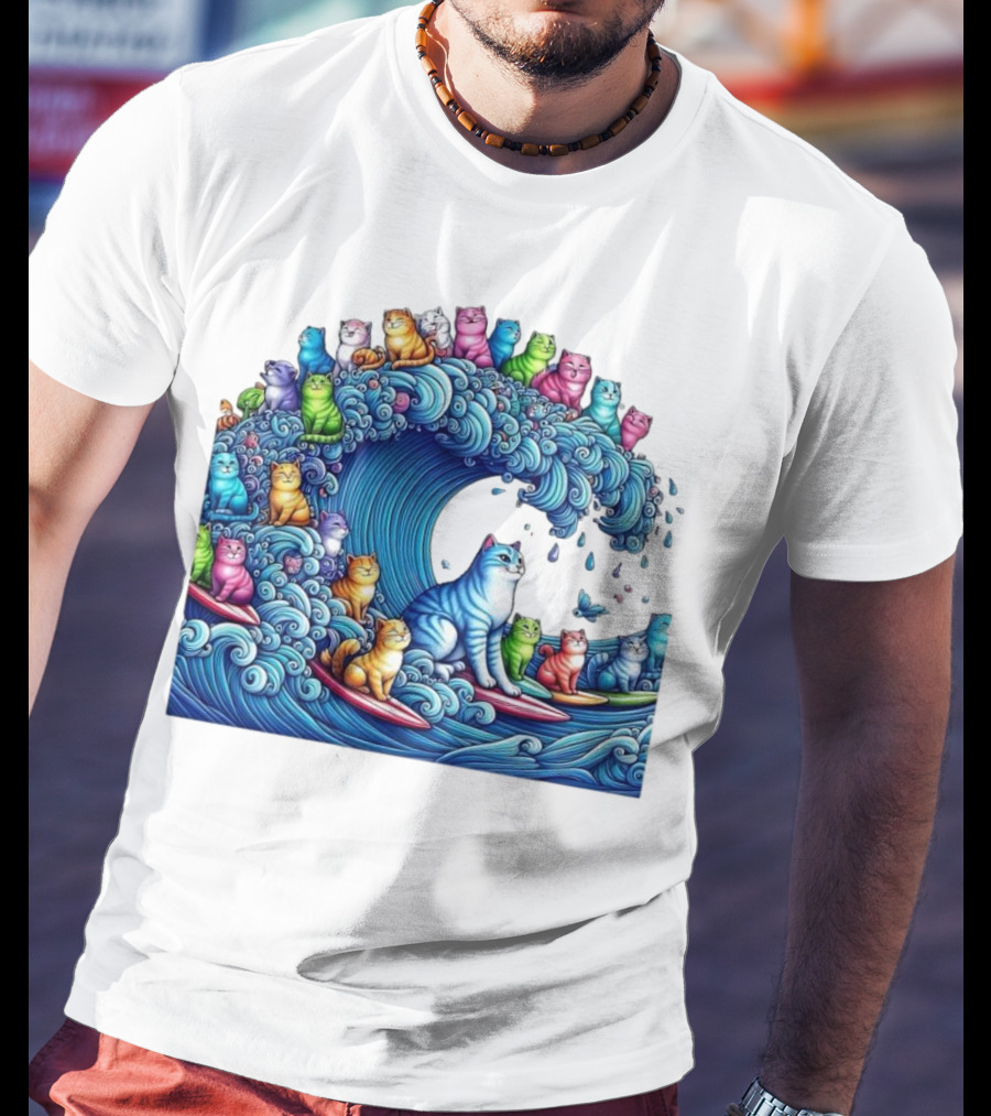 Cats Surfing In A Colorful Wave Bringing Joy T-Shirt