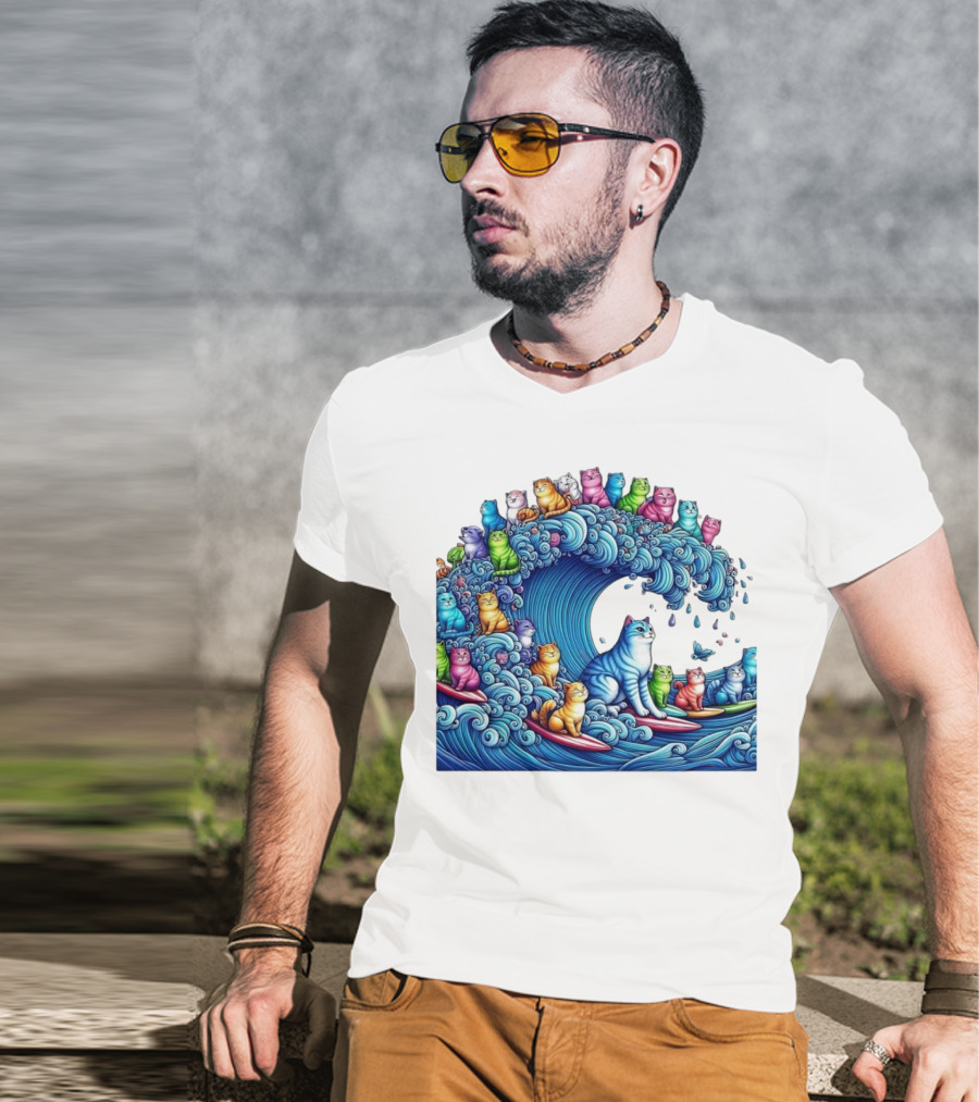Cats Surfing In A Colorful Wave Bringing Joy T-Shirt