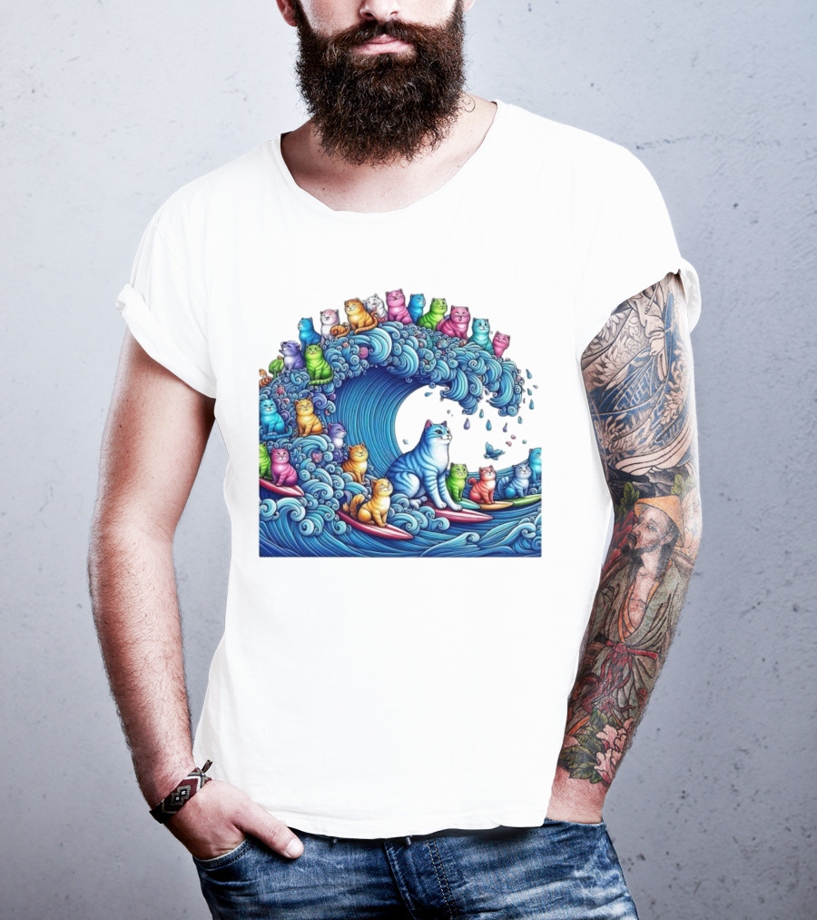 Cats Surfing In A Colorful Wave Bringing Joy T-Shirt