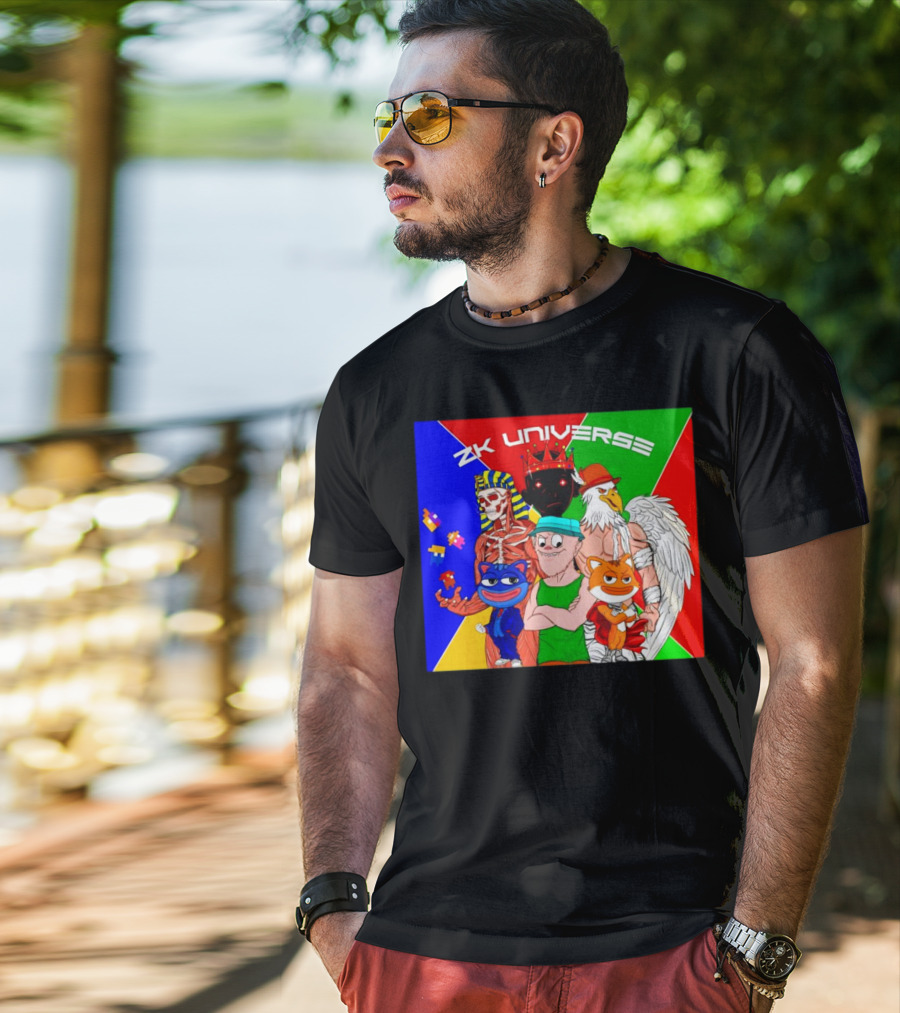 ZK Universe Colorful Characters With Pharaoh Skeleton, Crowned Figure, And Winged Eagle T-Shirt