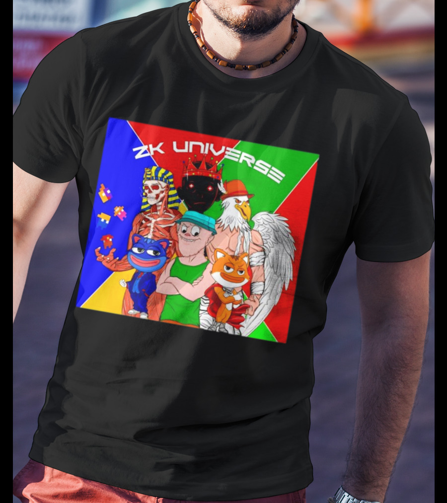 ZK Universe Colorful Characters With Pharaoh Skeleton, Crowned Figure, And Winged Eagle T-Shirt