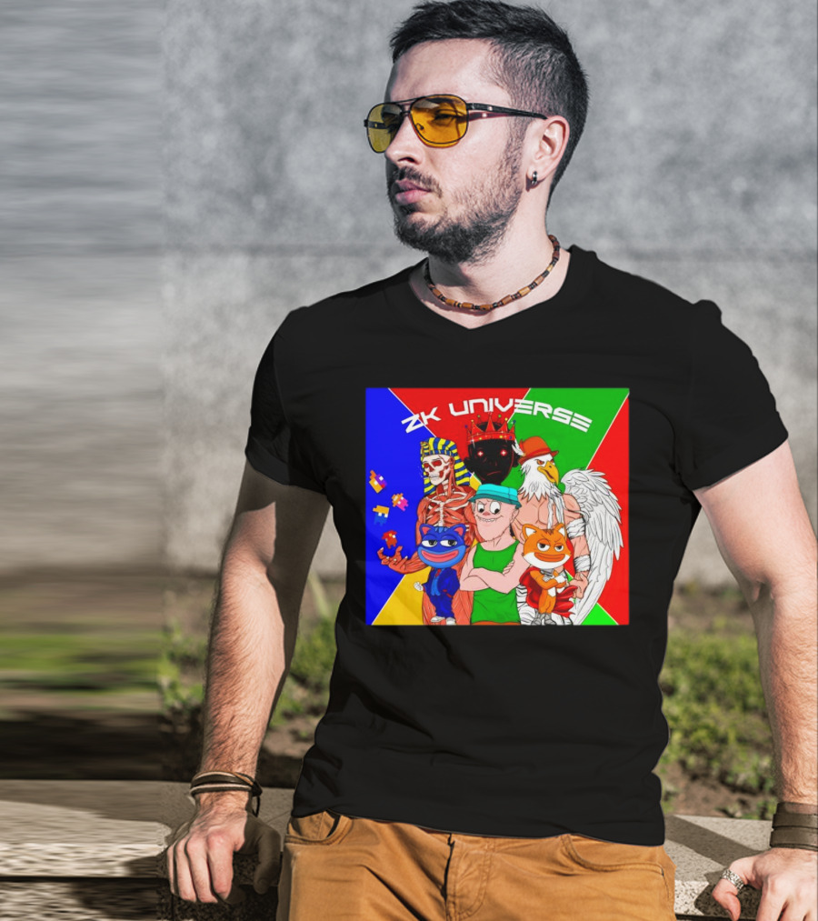 ZK Universe Colorful Characters With Pharaoh Skeleton, Crowned Figure, And Winged Eagle T-Shirt