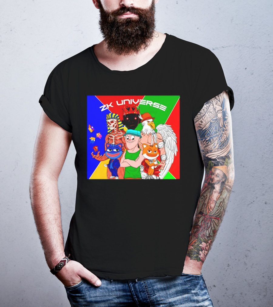 ZK Universe Colorful Characters With Pharaoh Skeleton, Crowned Figure, And Winged Eagle T-Shirt