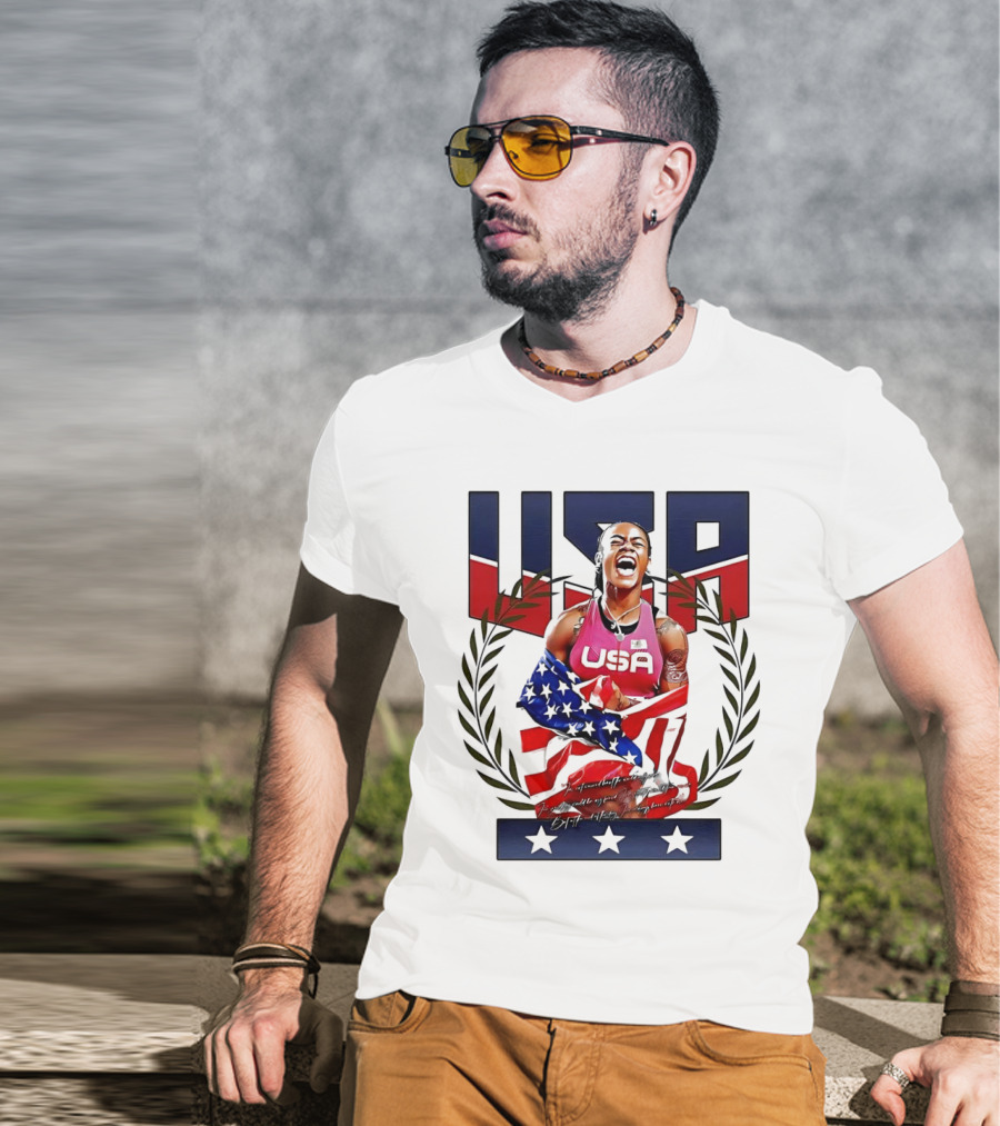 USA Sha’Carri Richardson Gold Medal Celebration American Flag T-Shirt