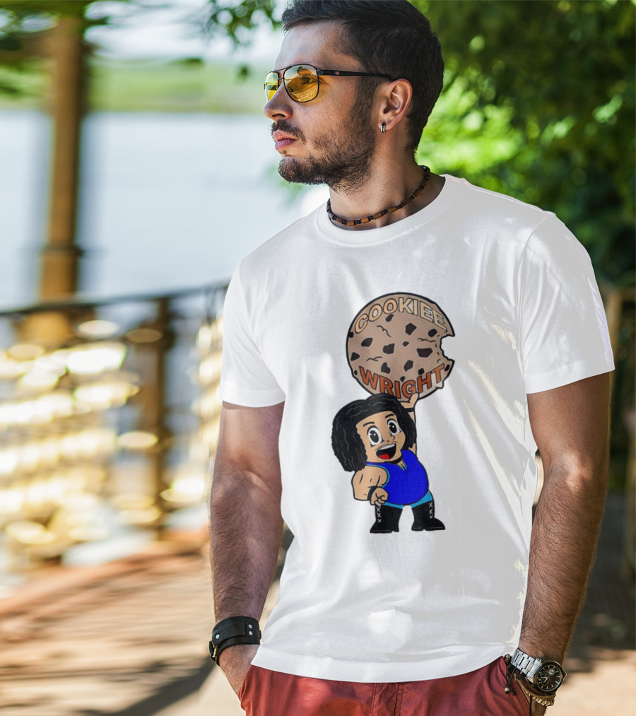 COOKIEE WRIGHT Cartoon Character Holding Chocolate Chip Cookie T-Shirt